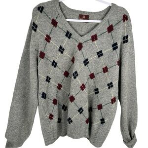 Vintage Nordstrom Gray 100% Lambswool Argyle Knit V-Neck Sweater Size Large Tall